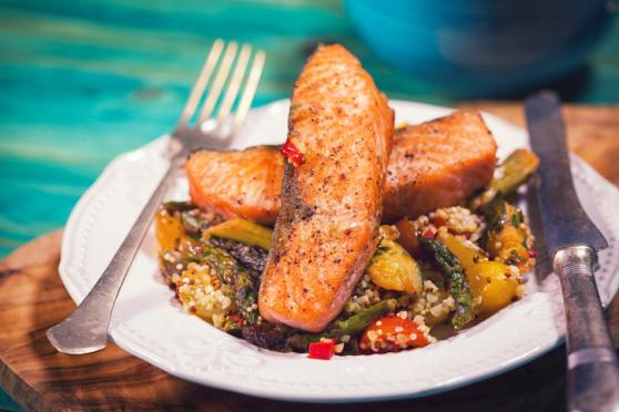 Jeweled Saffron Couscous with Salmon and Zucchini Kebabs