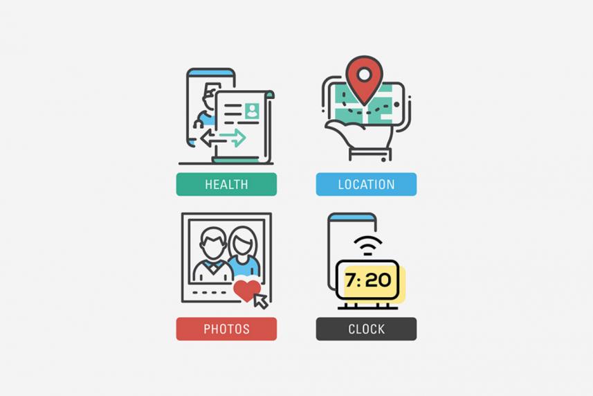 4 illustrations for a health app, location app, photos app, and clock app