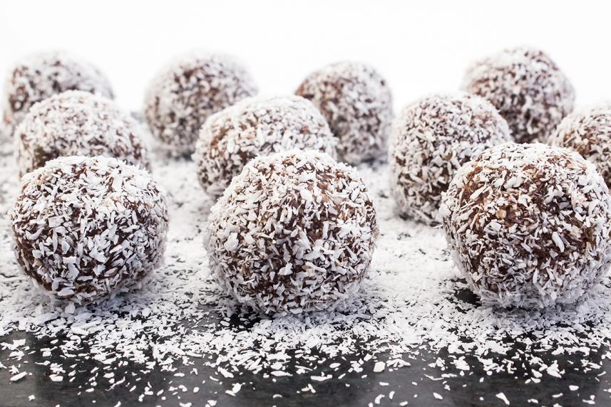 Chocolate balls covered with coconut flakes