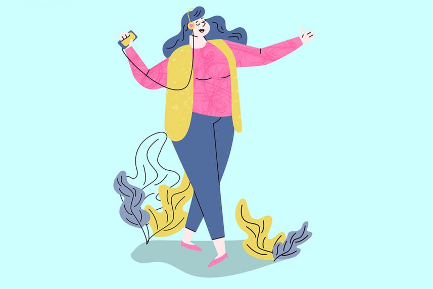 Illustration of senior woman walking on a path with headphones