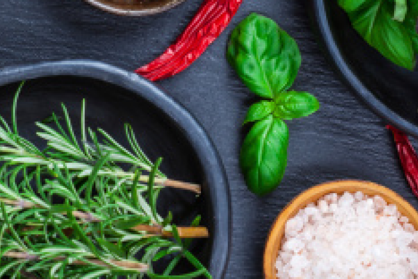 Photo: Bowls of fresh herbs and spices