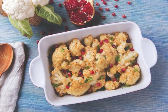 Roasted Turmeric Cauliflower with Pomegranate and Herbed Pistachios