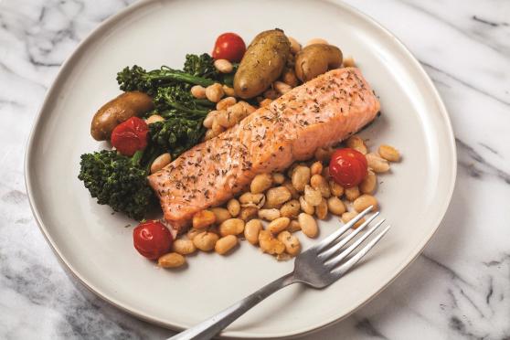  Foil-pack mediterranean salmon and veggies plated