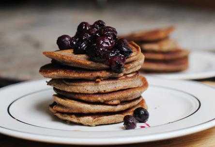 Cornmeal Silver Dollar Pancakes with Blueberry Sauce