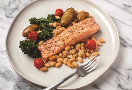 Foil-pack mediterranean salmon and veggies plated