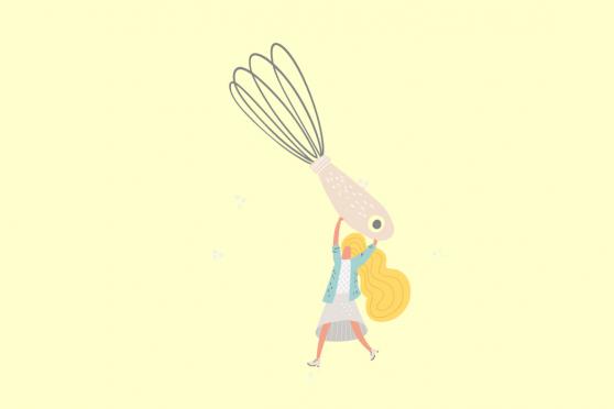 Illustration of a woman holding a giant whisk on a pale yellow background