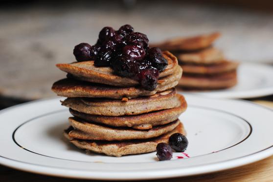 Cornmeal Silver Dollar Pancakes with Blueberry Sauce