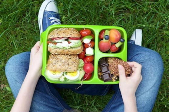 Child eating a healthy lunch outdoors